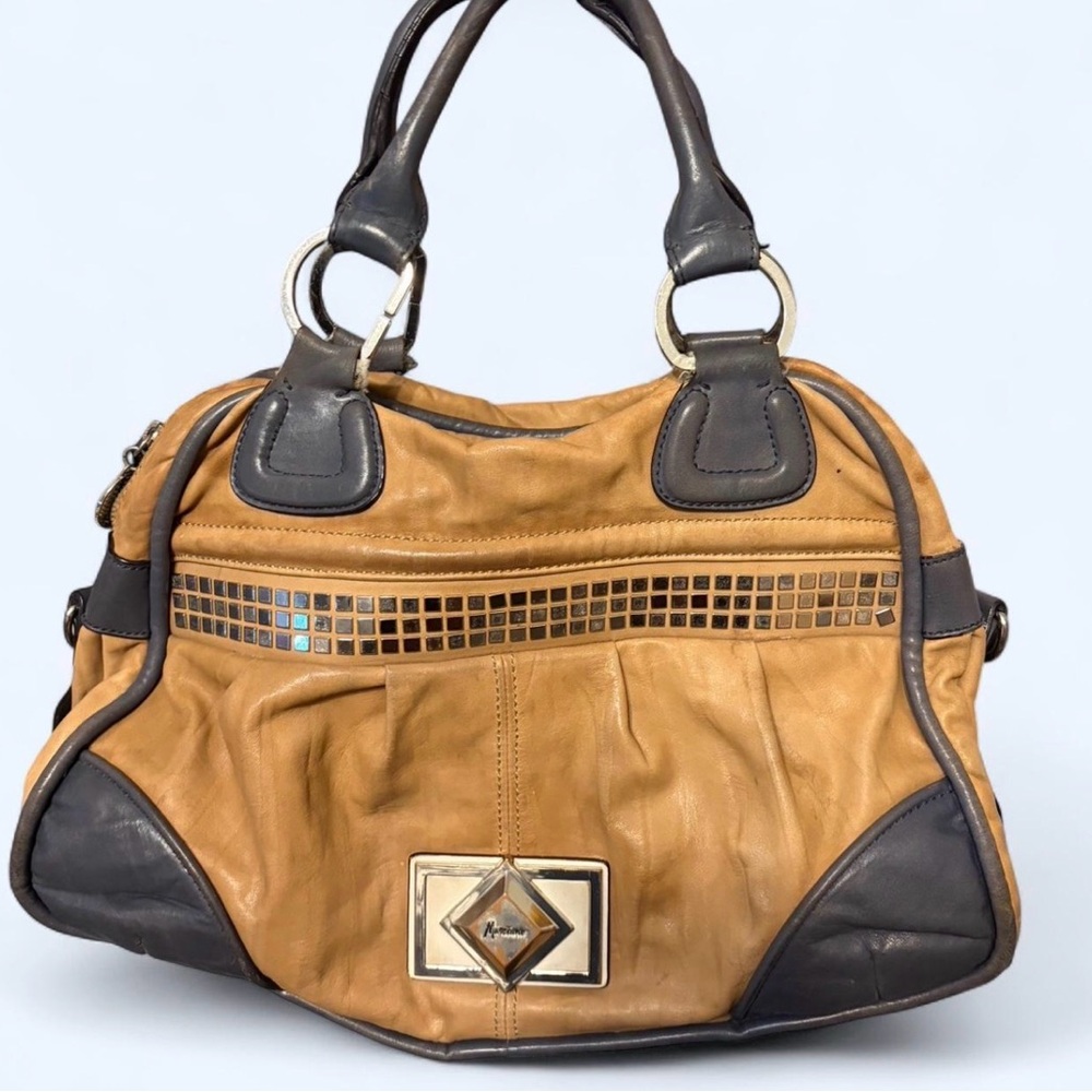 Tan and Dark Brown Studded Leather Satchel